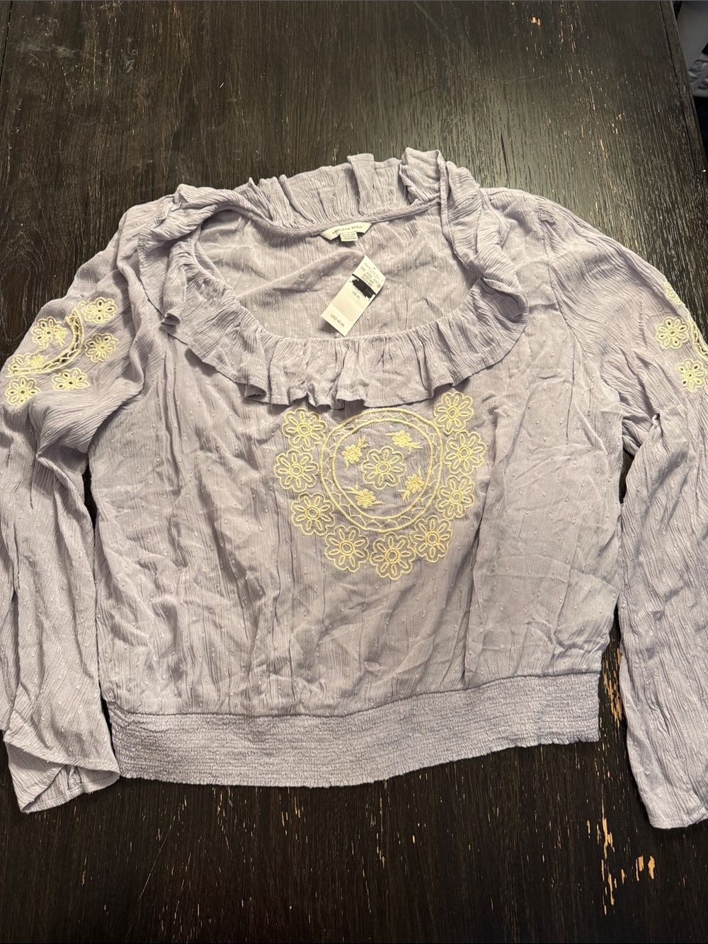 Lavender Ruffle Neck Embroidered Long Sleeve Top